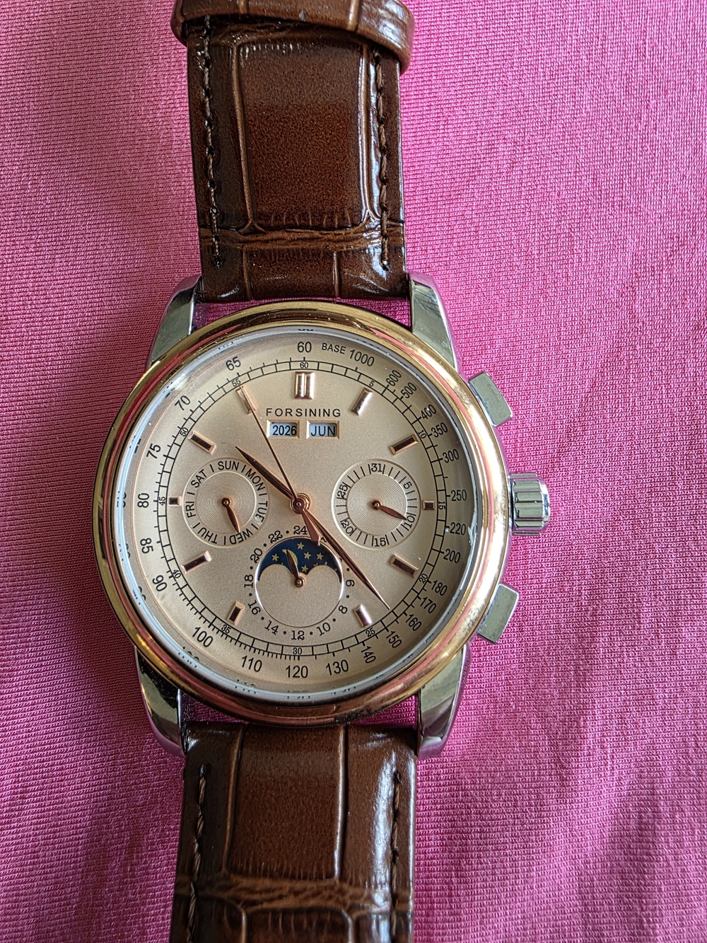 Forsining Men’s Manual Wind Mechanical Watch Moonphase Calendar Brown Strap